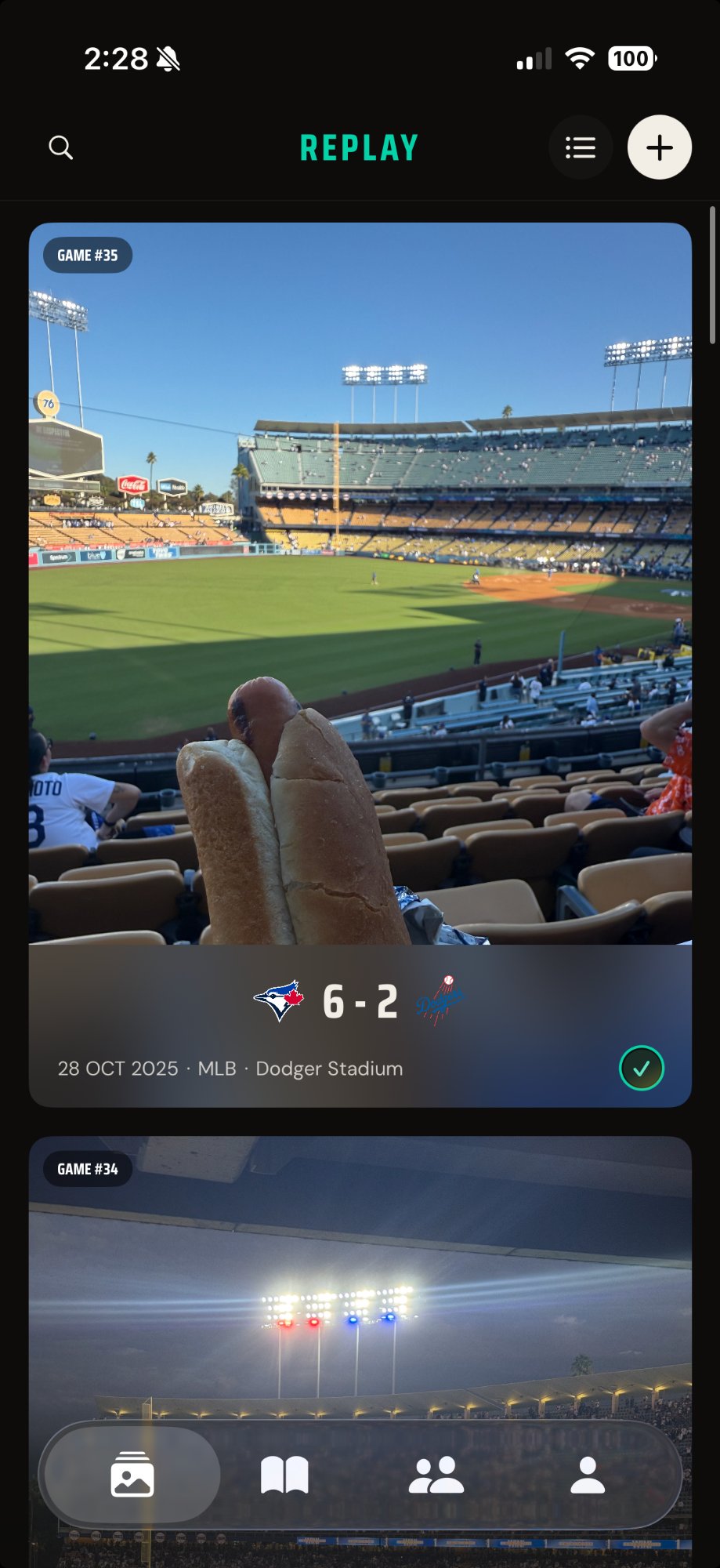 Replay Memories screen showing a Blue Jays versus Dodgers game at Dodger Stadium