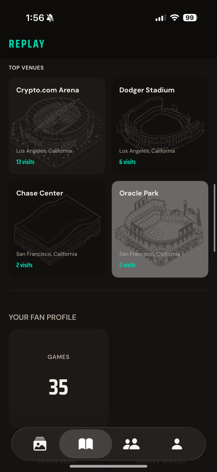 Replay Yearbook showing stadiums and fan stats